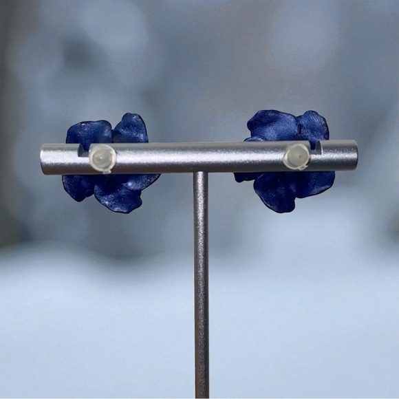 Navy Floral Stud Earrings - Picture 2 of 3